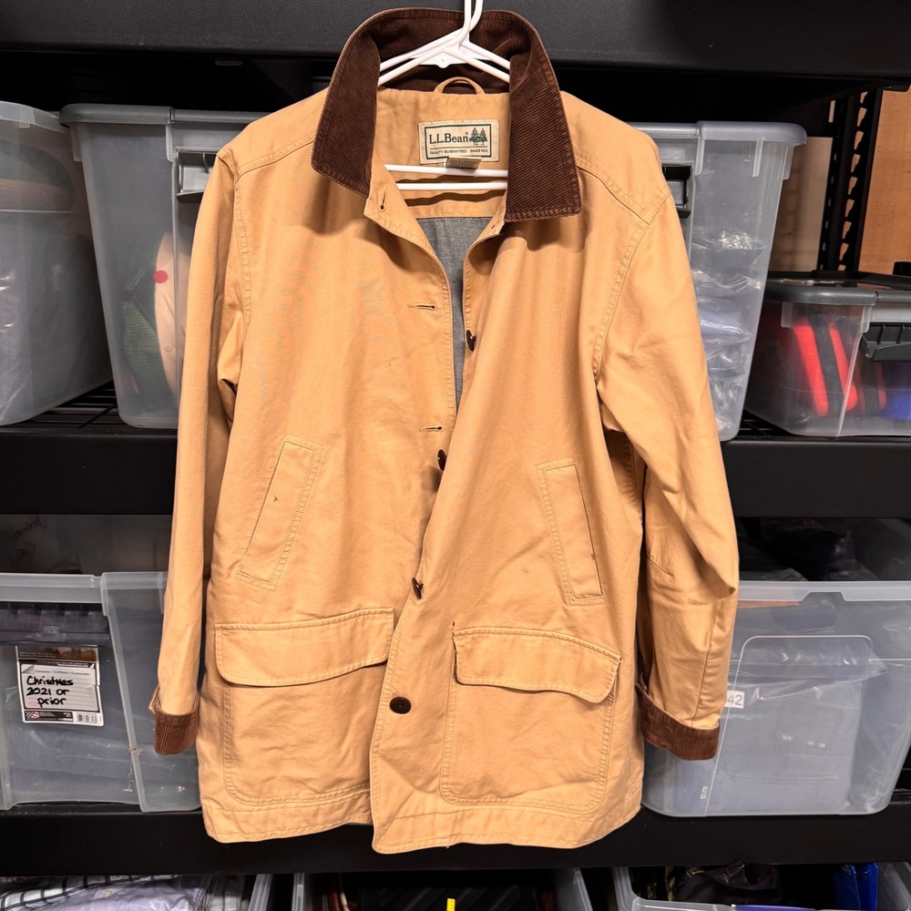 LL Bean Womens XL Barn Jacket Tan Cotton Canvas Corduroy Trim Field Coat OBGX4